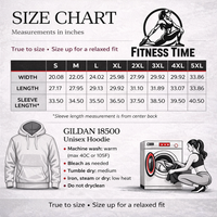 Load image into Gallery viewer, Size chart for Gildan 18500 Unisex Hoodie with measurements in inches, washing instructions, and a fitness-themed graphic.