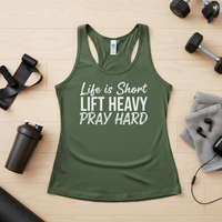 Load image into Gallery viewer, Life is Short Lift Heavy Pray Hard - Racerback Tank