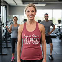 Load image into Gallery viewer, Life is Short Lift Heavy Pray Hard - Racerback Tank