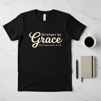 Load image into Gallery viewer, Stronger By Grace T-Shirt – Philippians 4:13 Christian Gym Shirt for Women – Faith Based Workout Tee
