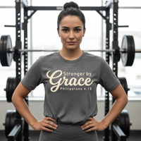 Load image into Gallery viewer, Stronger By Grace T-Shirt – Philippians 4:13 Christian Gym Shirt for Women – Faith Based Workout Tee