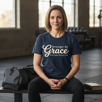 Load image into Gallery viewer, Stronger By Grace T-Shirt – Philippians 4:13 Christian Gym Shirt for Women – Faith Based Workout Tee