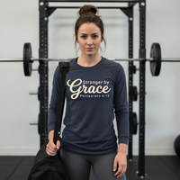 Load image into Gallery viewer, Stronger By Grace Long Sleeve T-Shirt – Philippians 4:13 Christian Gym Shirt for Women – Faith Based Workout Top
