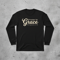 Load image into Gallery viewer, Stronger By Grace Long Sleeve T-Shirt – Philippians 4:13 Christian Gym Shirt for Women – Faith Based Workout Top