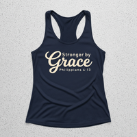 Load image into Gallery viewer, Stronger By Grace Racerback Tank – Christian Gym Tank for Women – Philippians 4:13 Faith Based Workout Top