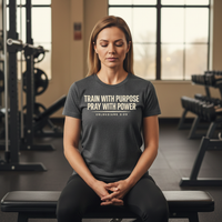 Load image into Gallery viewer, Train With Purpose Pray With Power T-Shirt – Christian Fitness Shirt for Women