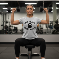 Load image into Gallery viewer, Lift Heavy Pray Hard T-Shirt | Bella Canvas 3001 | Motivational Gym Shirt for Women