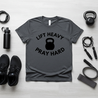 Load image into Gallery viewer, Lift Heavy Pray Hard T-Shirt | Bella Canvas 3001 | Motivational Gym Shirt for Women